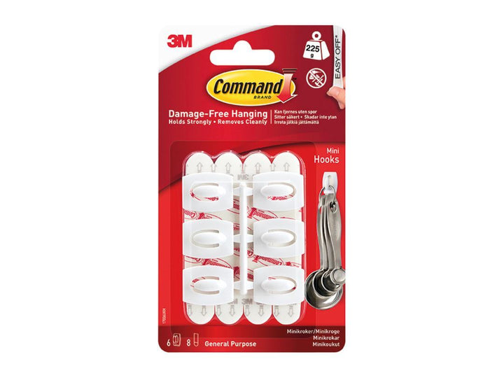 3M - Damage-Free Mini Command Hooks White x6 Self Adhesive Hooks | Snape & Sons