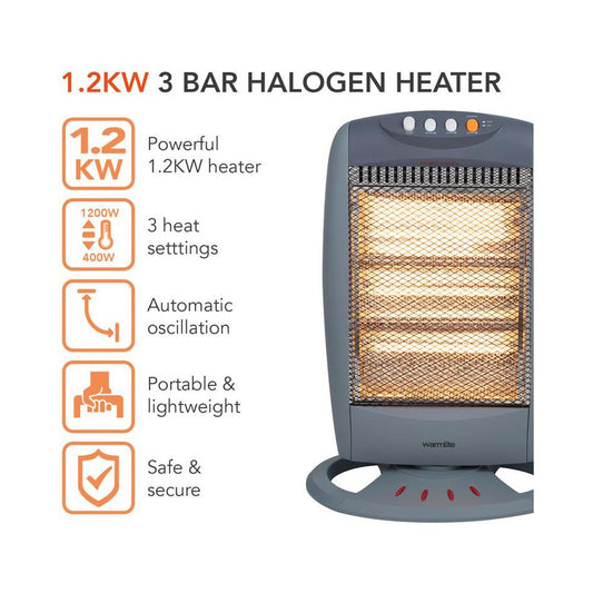 Warmlite - Grey 1200W Oscillating Halogen Heater Halogen & Quartz Heaters | Snape & Sons