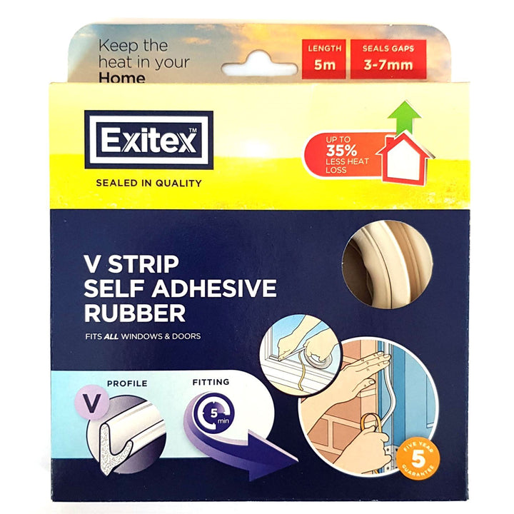 Exitex - V" Self Adhesive Rubber Strip White x 5m Draught Proofing | Snape & Sons