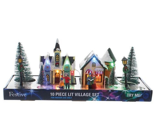 Festive - 10 Piece Christmas Street Village Scene Household Christmas Decorations | Snape & Sons
