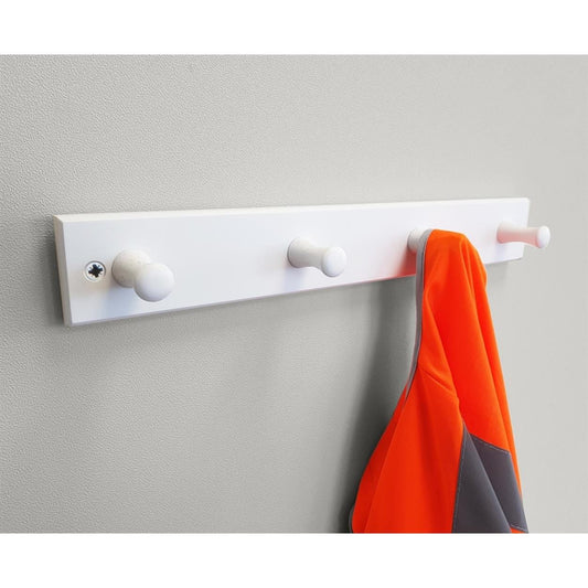 White 4 Hookrail with Wood Peg Hooks