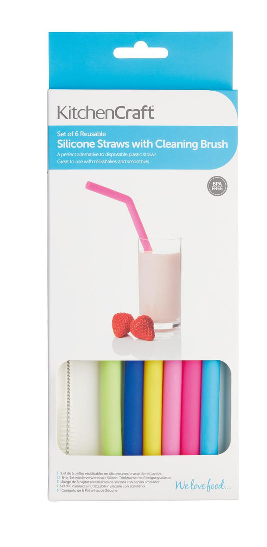 KitchenCraft - Six Silicone Straws with Cleaning Brush Drinks Straws | Snape & Sons