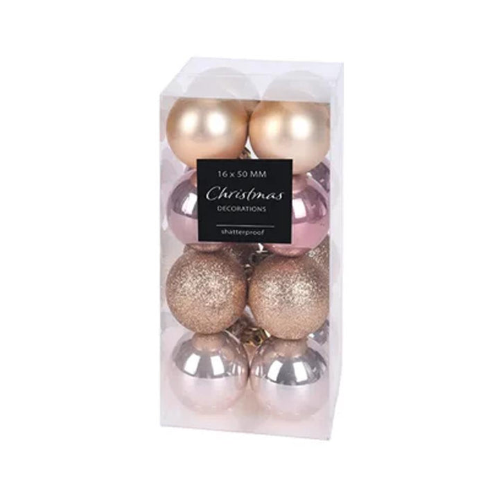 Koopman - Rose Gold Assorted Finish Baubles 16 Pack Tree Decorations | Snape & Sons