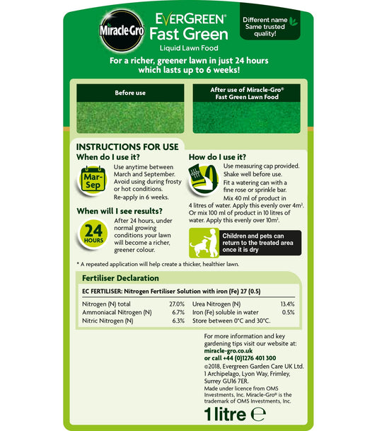 Miracle Gro - Evergreen Fast Green Lawn Liquid Concentrated 1ltr Liquid Lawn Feeds | Snape & Sons