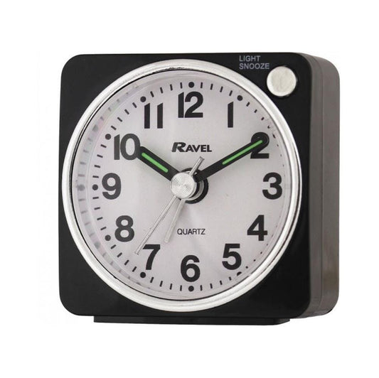 Ravel Clocks - Longford Mini Black Travel Alarm Clock Analogue Alarm Clock | Snape & Sons