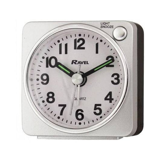 Ravel Clocks - Longford Mini Silver Travel Alarm Clock Analogue Alarm Clock | Snape & Sons