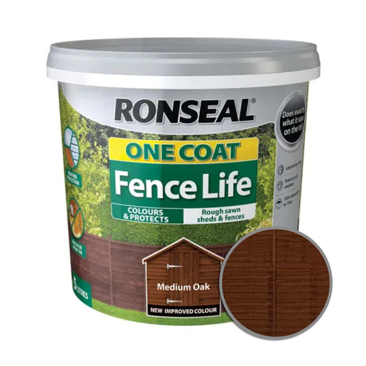 Ronseal - One Coat Fence Life Medium Oak 5Ltr Shed & Fence Paint | Snape & Sons