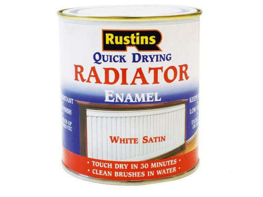 Rustins - Radiator Enamel Satin White 500ml Metal Paints | Snape & Sons