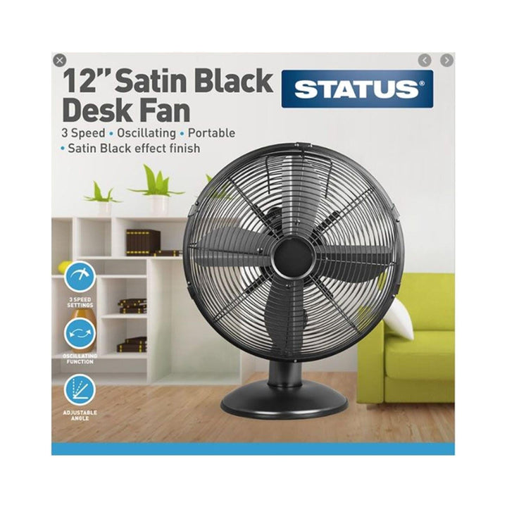 Status 12in Satin Black Oscillating Desk Fan Desk Fans | Snape & Sons