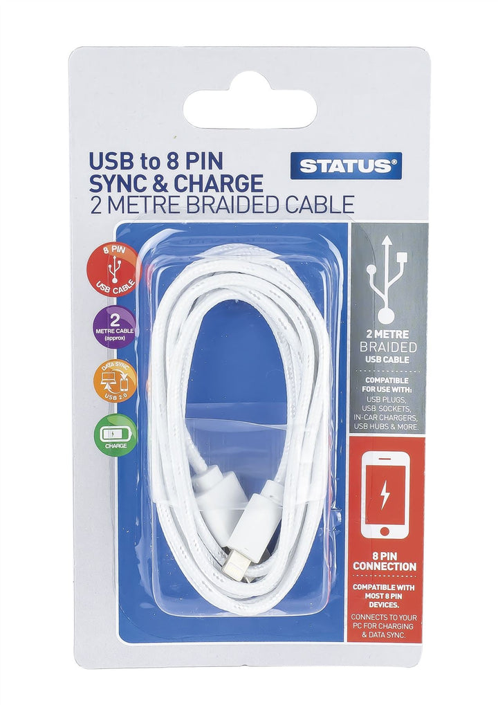 Status - 2m Braided IPhone Lightning to USB Charging Cable USB Charging | Snape & Sons