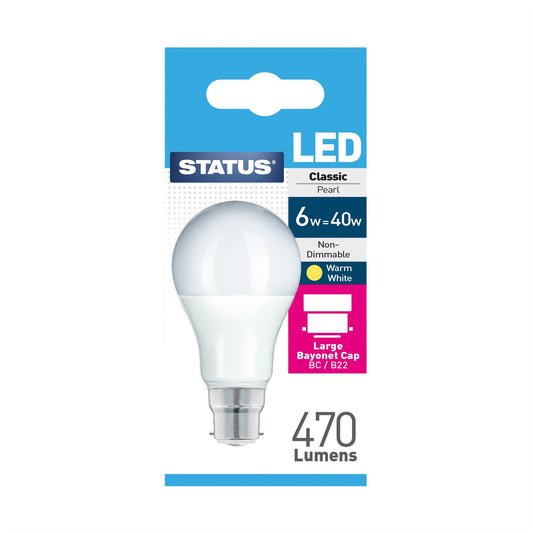 Status - 6W LED GLS Pearl B22/BC 470lm GLS Bulbs | Snape & Sons